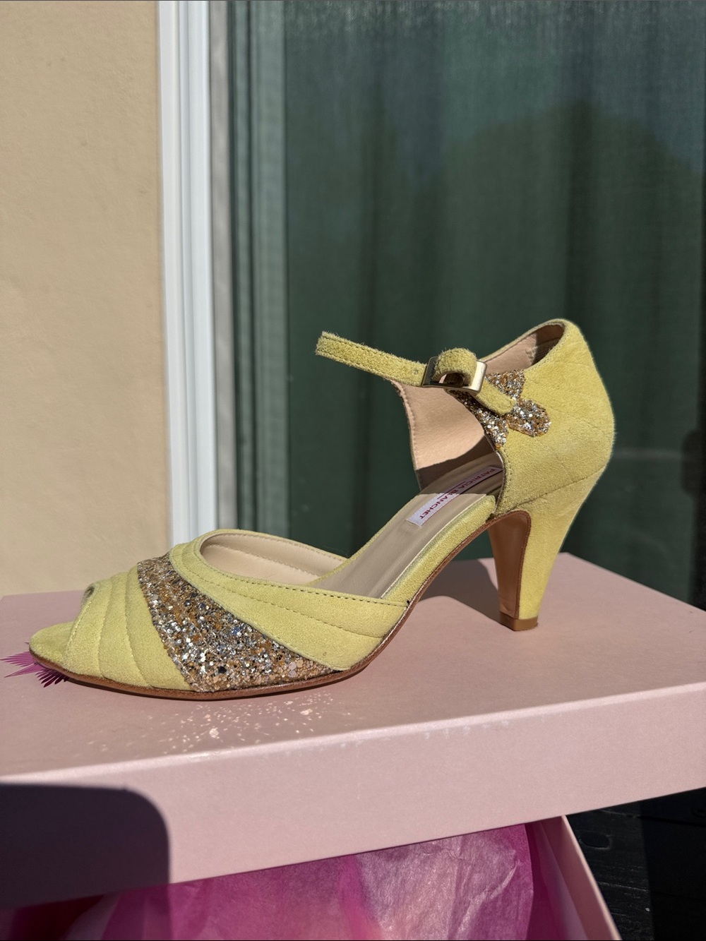 Patricia Blanchet Lemon Yellow Glitter Mary Jane Heel